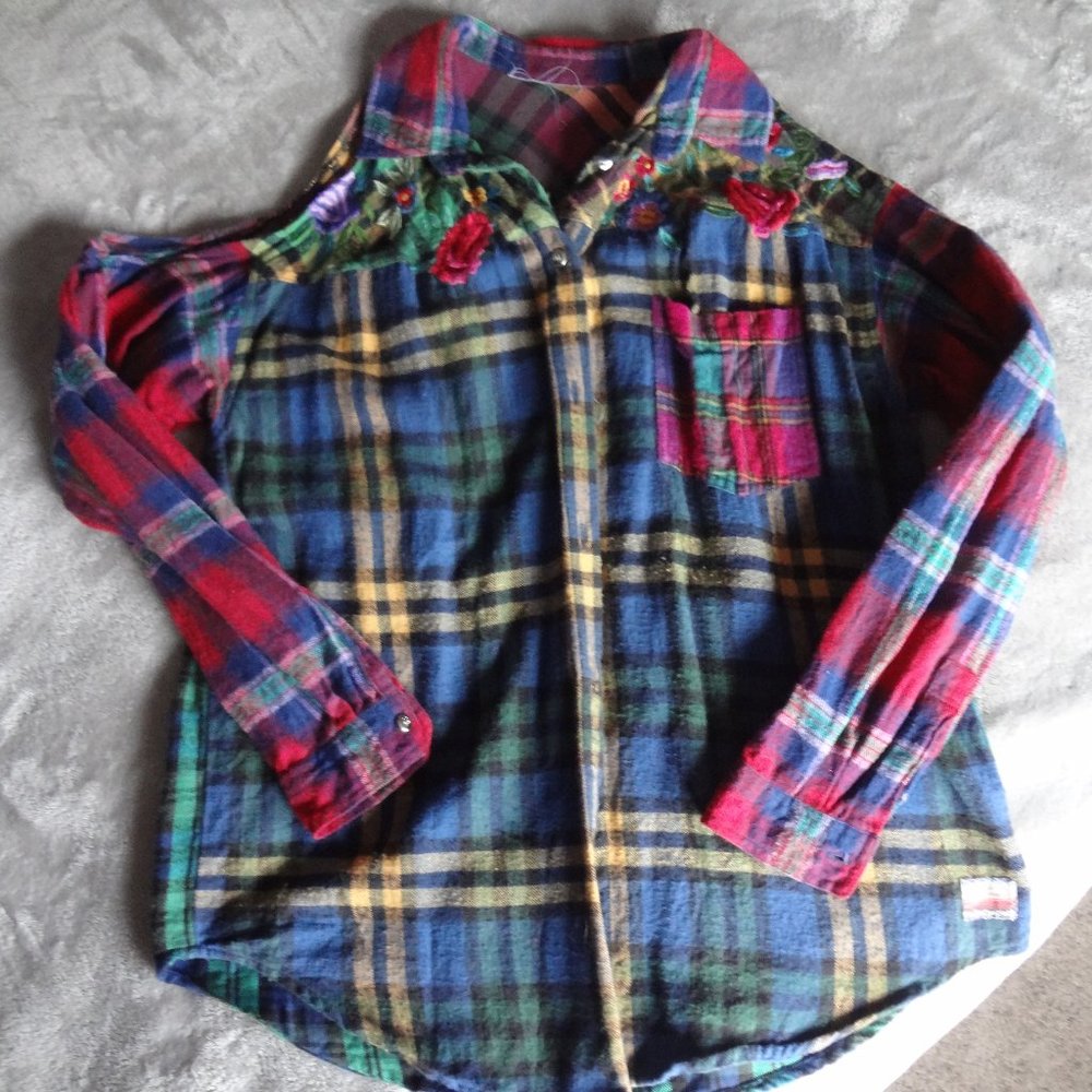 Upcycled Mountain Girl Flannel with Embroidery